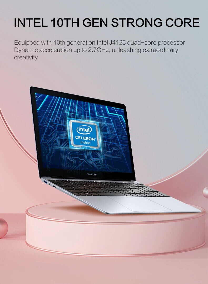 15.6″ IPS Quad-Core J4125 Notebook 12 GB RAM Slim Ultrabook Office Laptop
