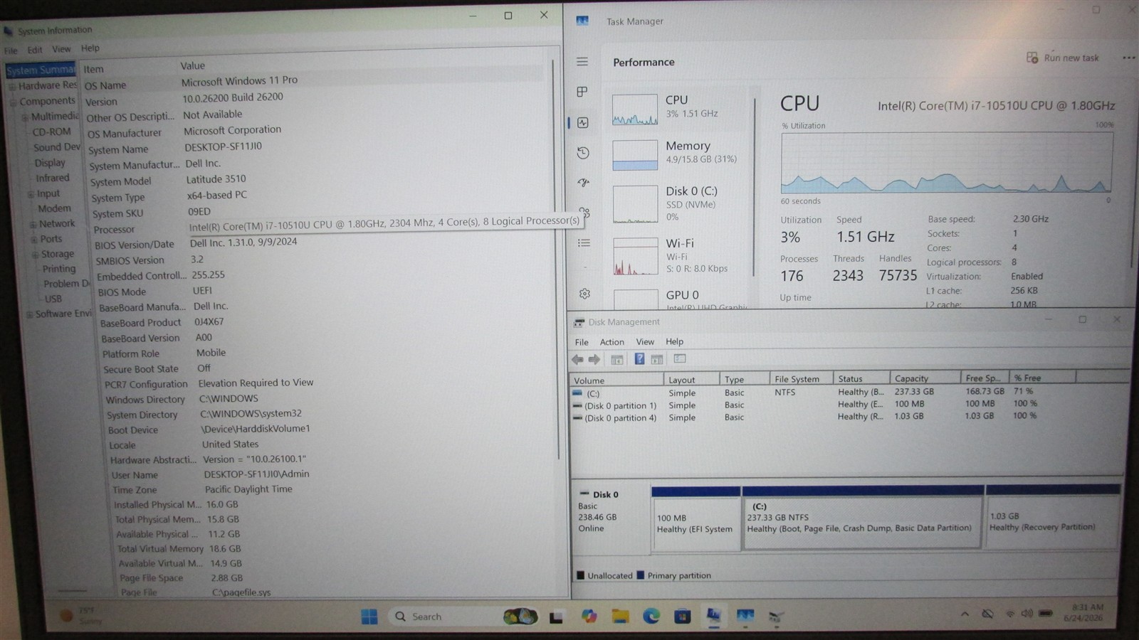 Dell Latitude 3510 i7-10510U 1.8GHz 16GB RAM 256GB NVME 15.6″ Win11 Pro COSM DMG