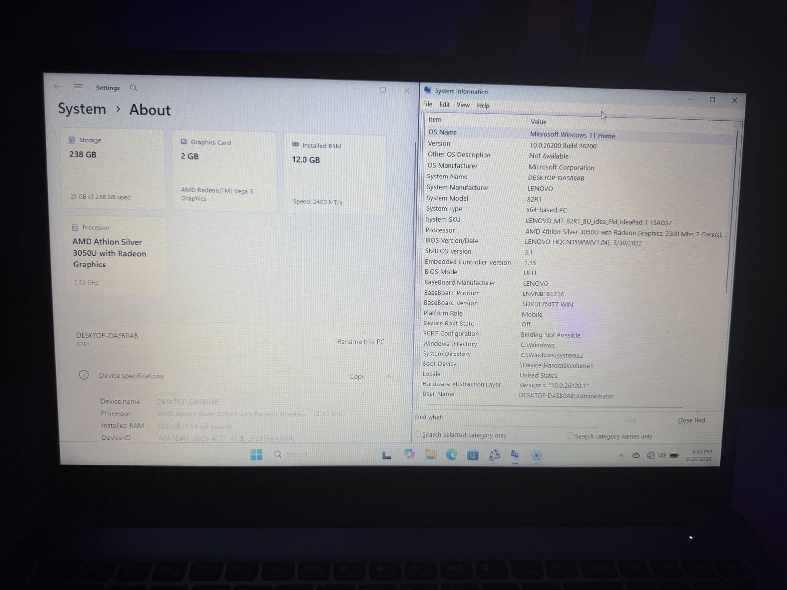 Lenovo IdeaPad 1 15ADA7 AMD Athlon Silver 3050U 12GB RAM 256GB SSD Win11
