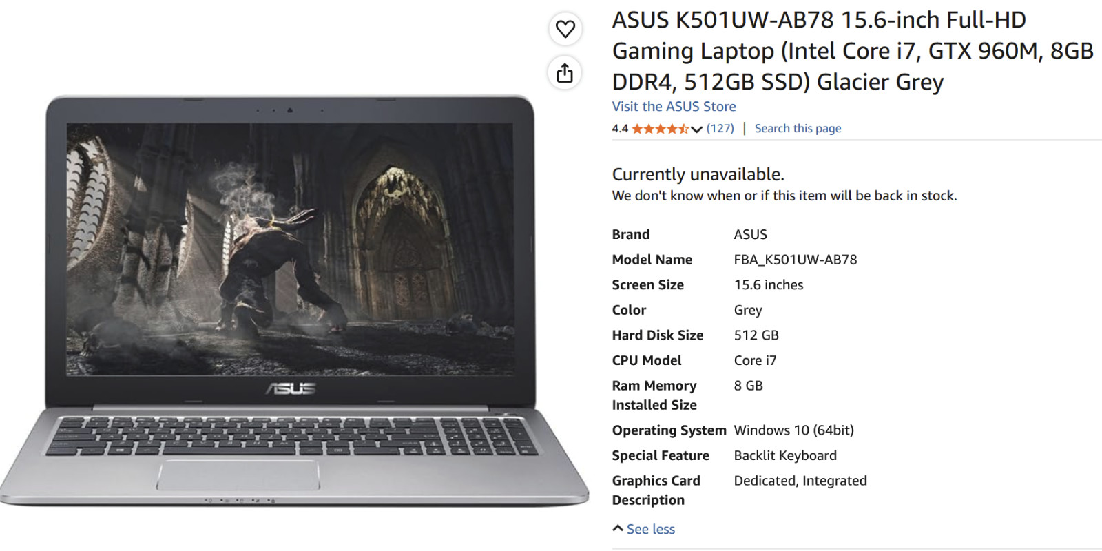 ASUS K501UW-AB78 15.6-inch Gaming Laptop, Intel i7-6500U, GTX960M