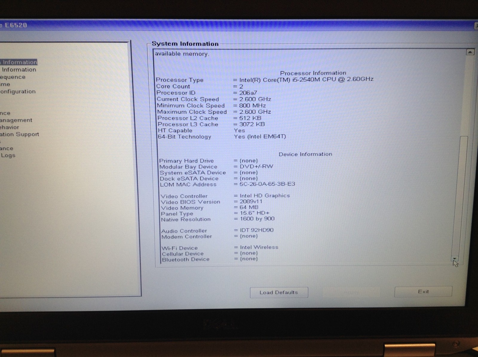 Dell Latitude E6520 i5 2.6GHz Laptop 4GB RAM DVD-RW Ac adapter No HD No Battery