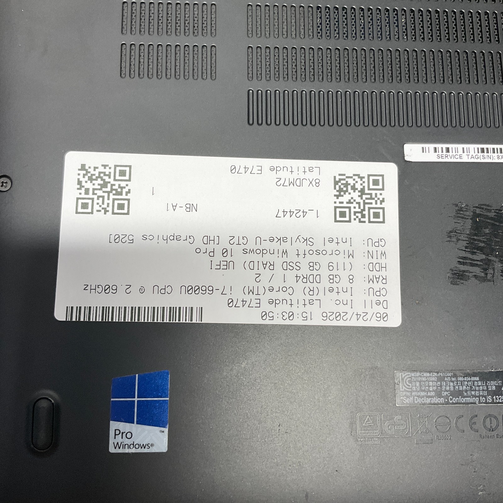 Dell Latitude E7470 14″ Laptop Intel i7-6600U 2.60GHz 8GB RAM 128GB SSD NO BATT