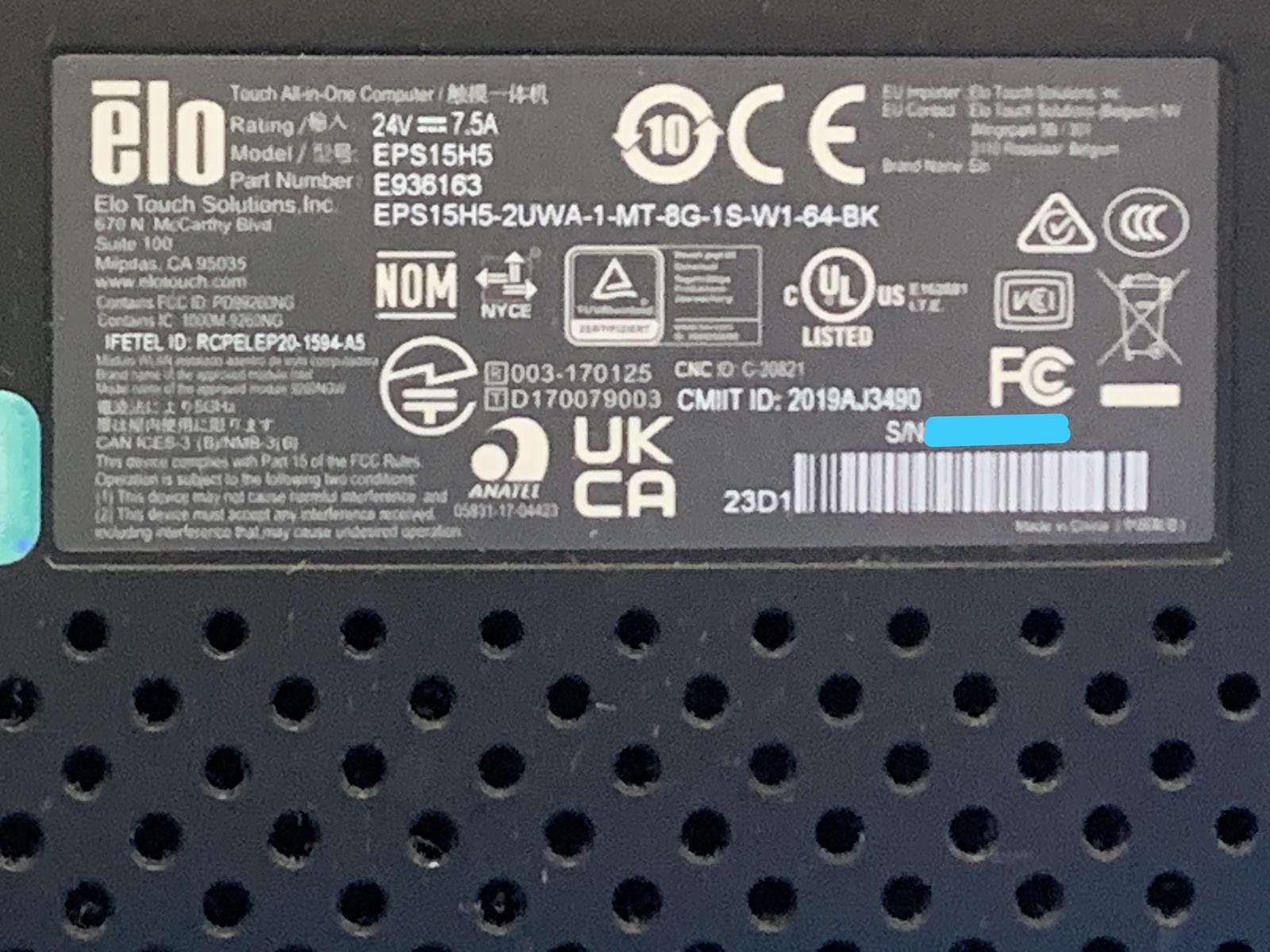 ELO EPS15H5 15″ POS Terminal Core i5 8500T 2.10GHz 8GB DDR4 128GB SSD NO OS