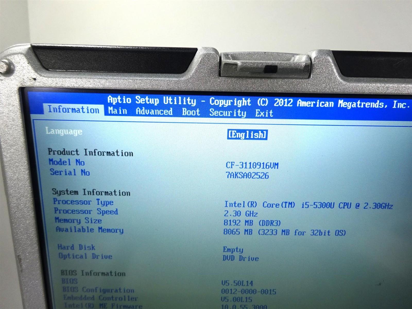 Lot 6 – Panasonic CF-31 MK5 Core i5-5300U 2.3GHz 8GB RAM – No Hard Drive