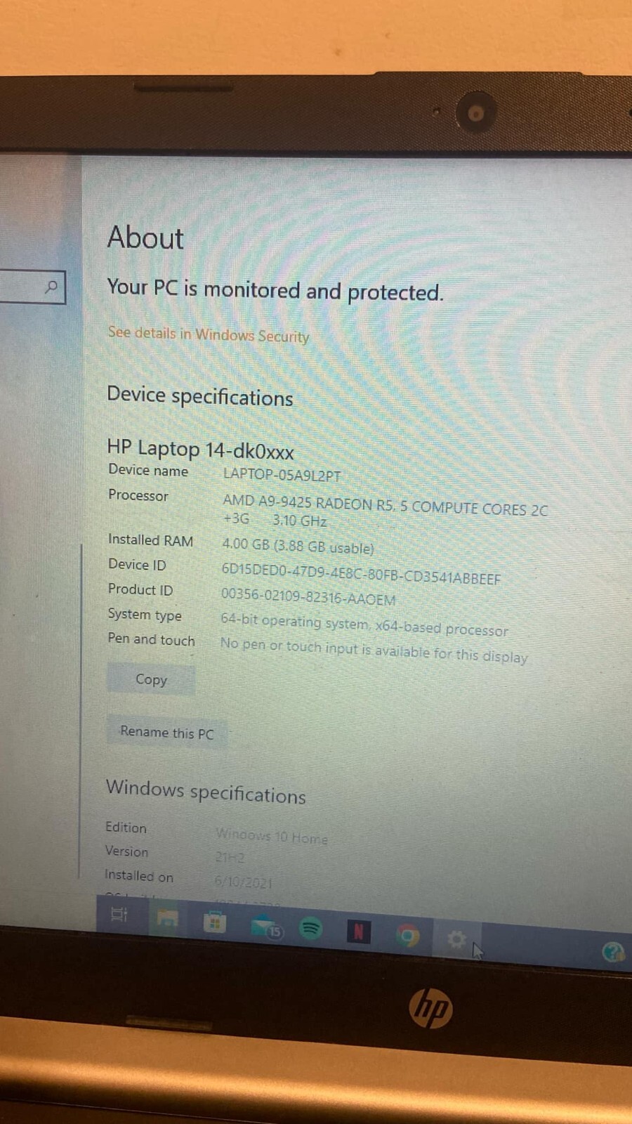 HP Laptop 14 (Silver) AMD A9-9425 Radeon R5.5 Compute Cores 2C +3G 3.10GHz