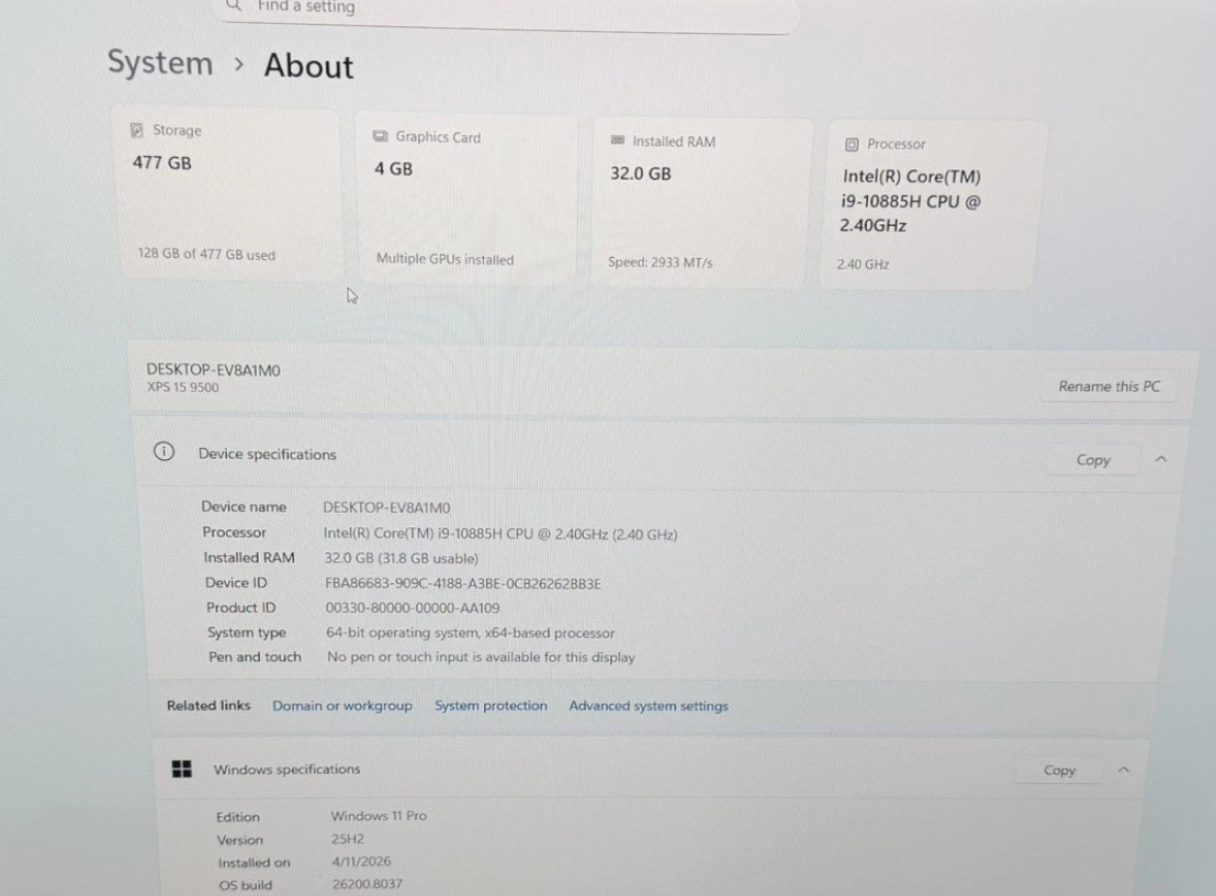Dell XPS 15 9500 I9 (512gb SSD, i9-10750H, 2.6GHz, 32GB RAM, GTX 1650 Ti)