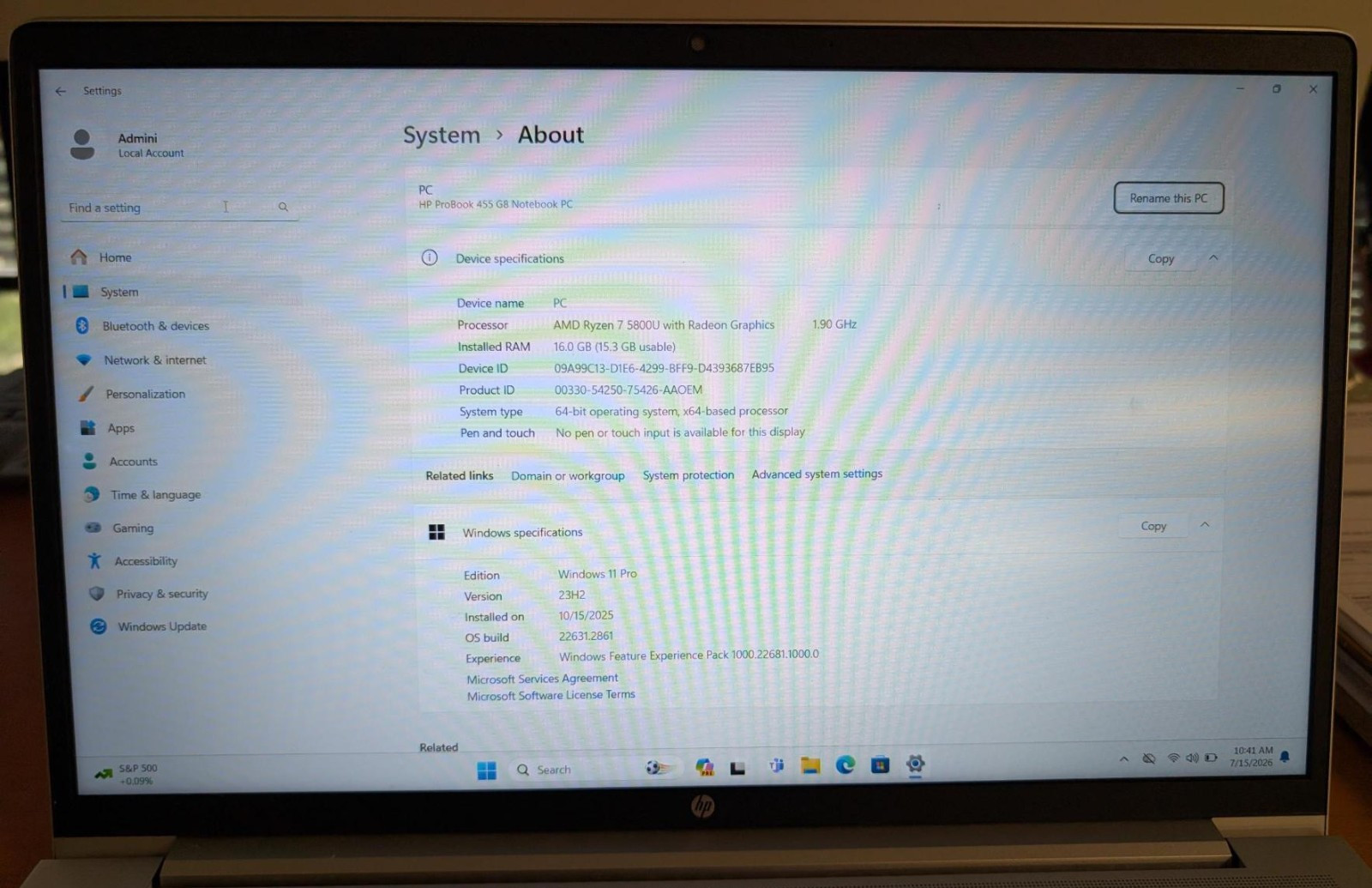 USED, NO CHARGER HP ProBook 455 G8 (AMD Ryzen 7 5800U 1.9GHz 512GB SSD 16GB RAM)