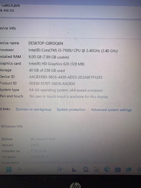 HP 450 G5 I3-7100U 256GB SSD 8GB RAM (No Charger Included)