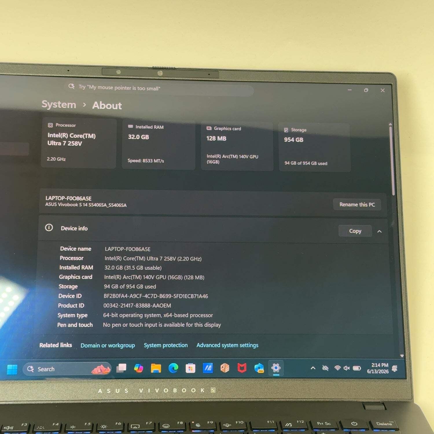 Asus Vivobook S 14 S5406S 14″ Core Ultra 7 258V 2.2GHz 32GB RAM 1TB SSD