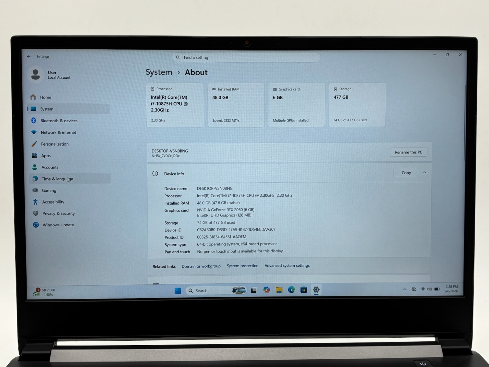 Sager Gaming Laptop NH58DD 15.6″ 512 GB SSD 48 GB RAM i7-10875H RTX 2060