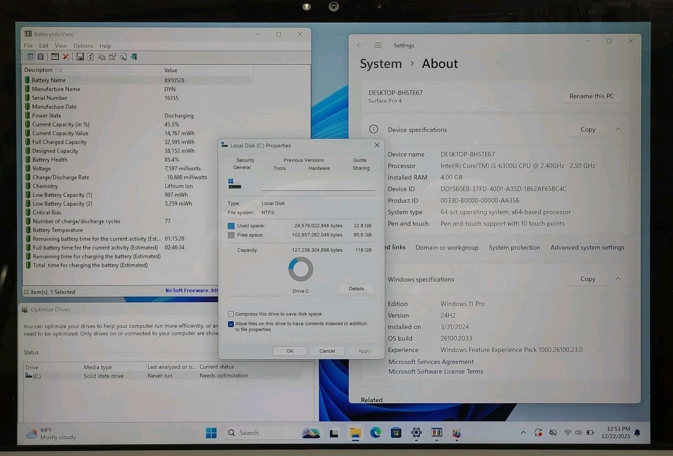 Microsoft Surface Pro 4, Intel Core i5-6300U @ 2.4GHz, 4GB RAM, 128GB SSD, W11P