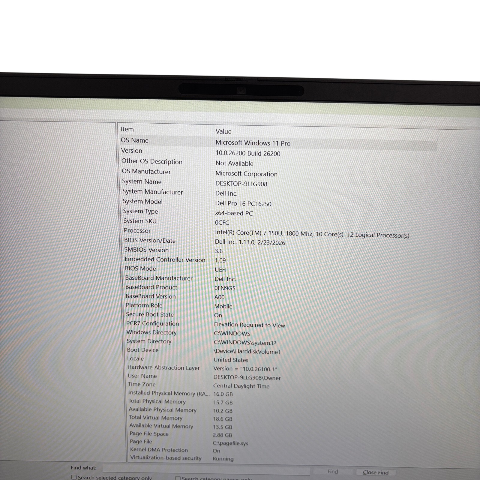 Dell Pro 16 PC16250 Win 11 Pro Intel Core 7 150U 1.8GHz 16GB RAM 256GB SSD 16″