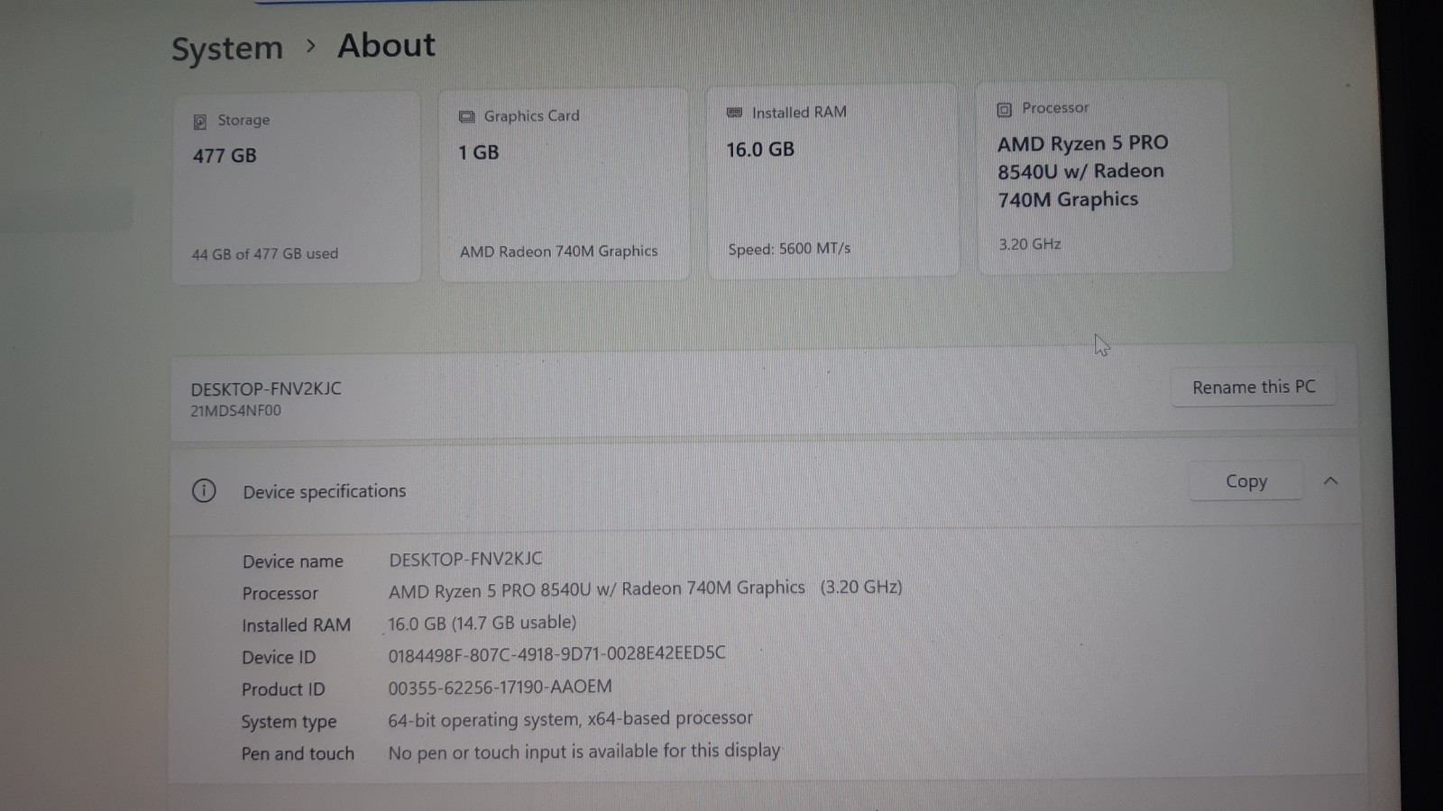 Lenovo ThinkPad T14 Gen5 / Ryzen 5 Pro 8540U / 16GB / 512G *June 2029.*