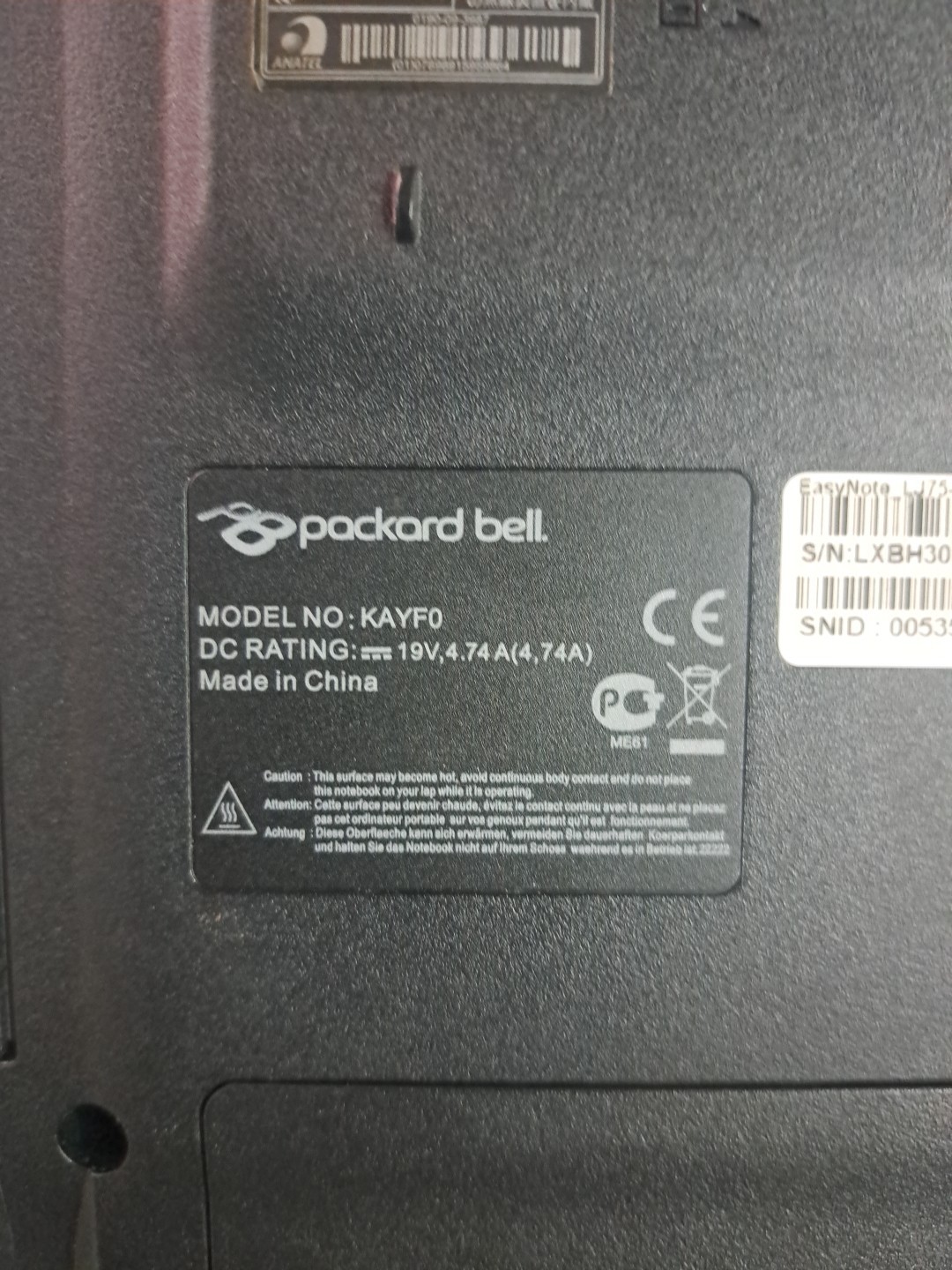 Packard Bell easynote KAYF0 Laptop For Parts Not Working