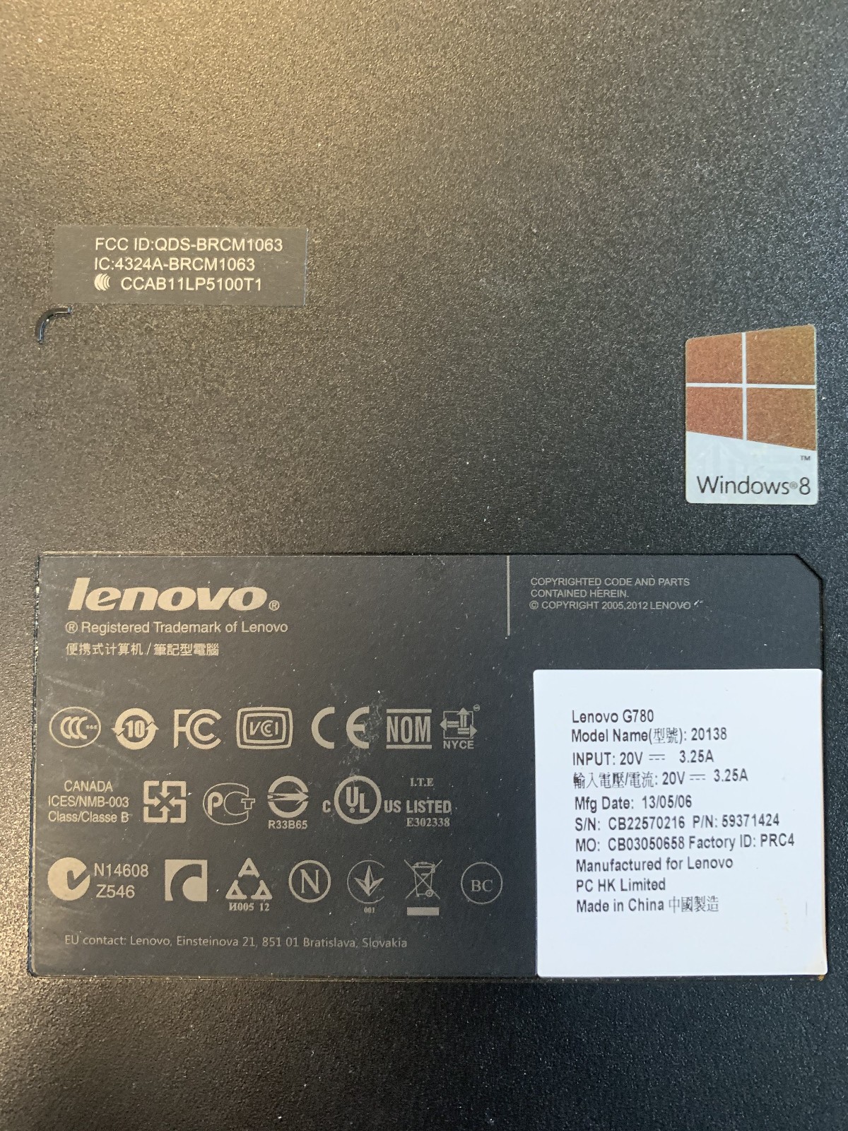 Lenovo G780 Model 20138 No Hard Drive 8 GB RAM DVD Drive 17″