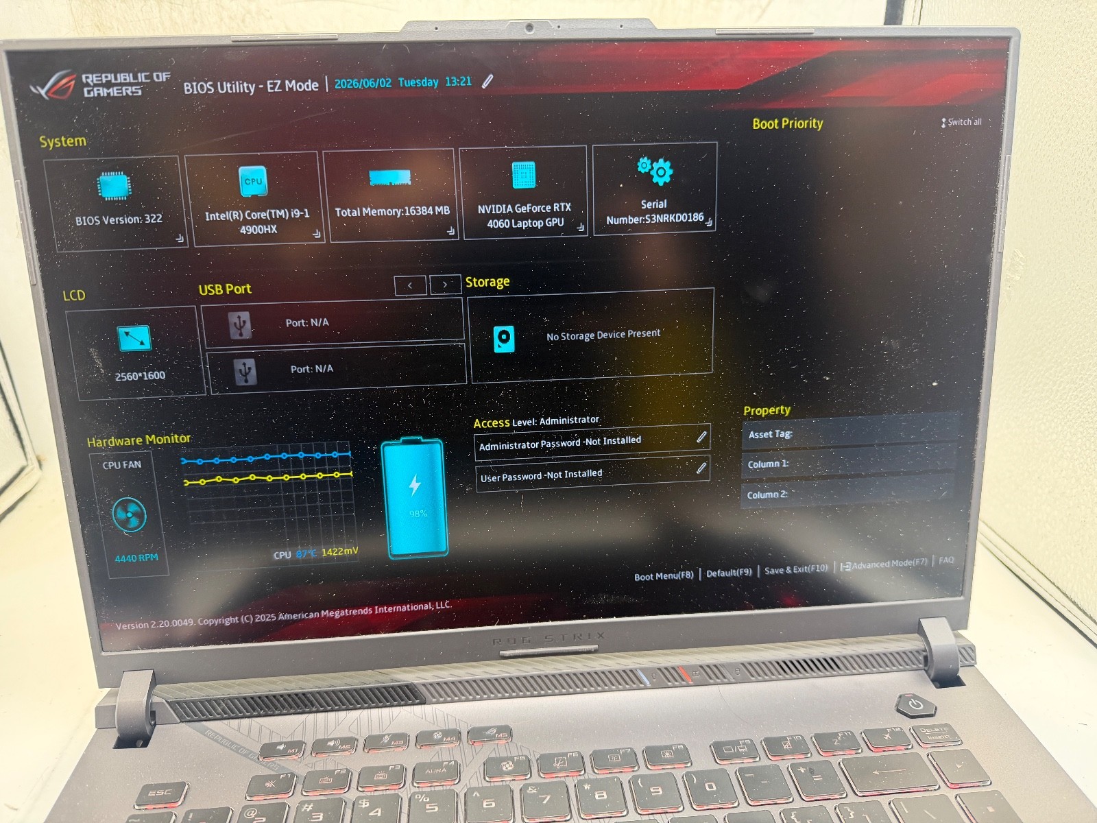 ASUS ROG Strix G16 Laptop i9-14900HX Notebook G614JVR-ES94 BOOTS TO BIOS AS-IS