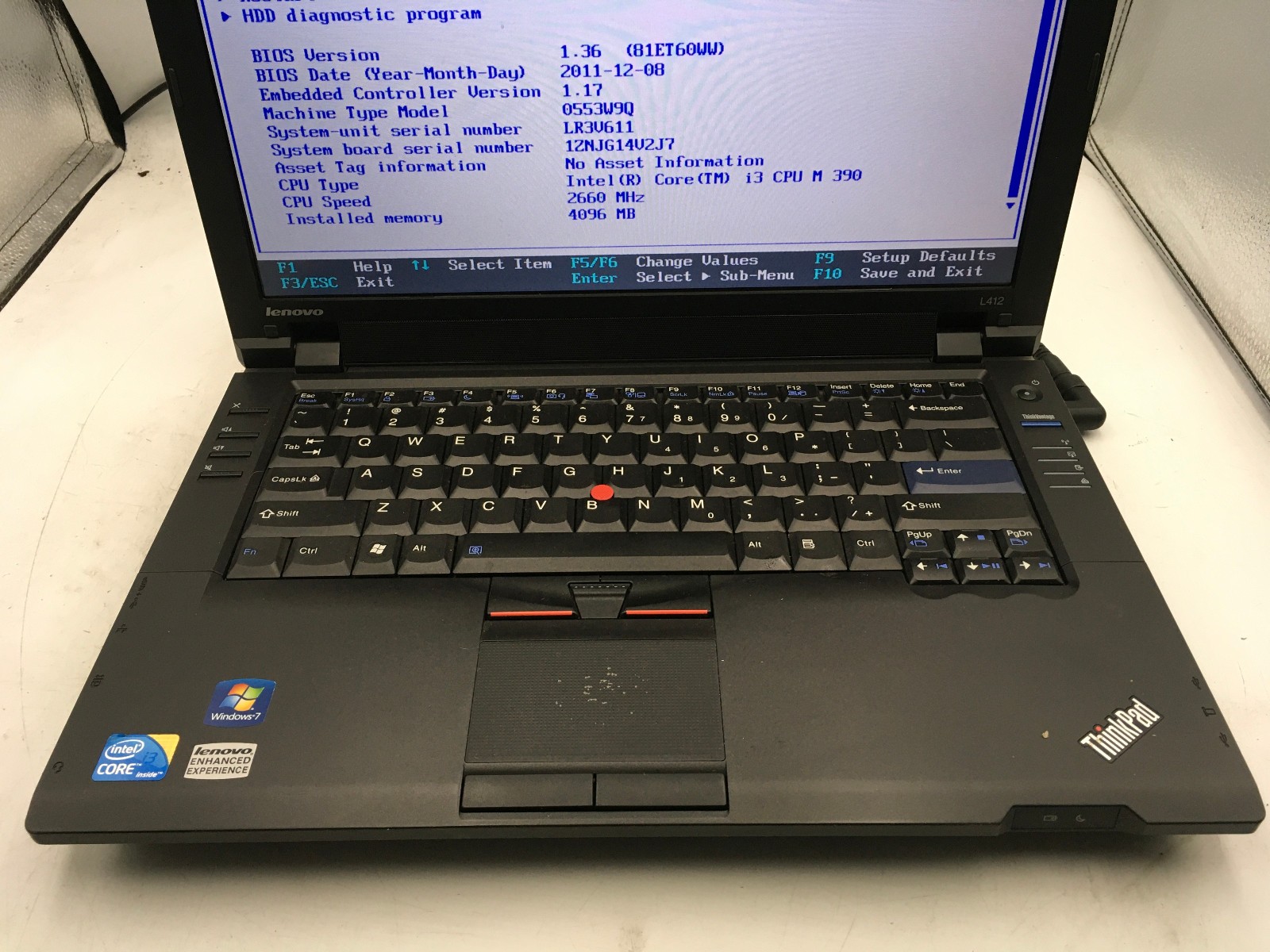 LENOVO THINKPAD L412 -BOOTS TO BIOS/BIOS LOCK- INTEL I3 M390 – 4GB RAM – READ-BB