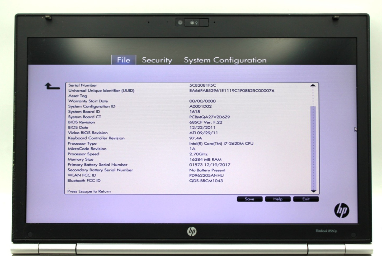 HP EliteBook 8560p i7-2620M@2.70GHz 16GB DDR3 NO STORAGE OR OS *USED/TESTED*