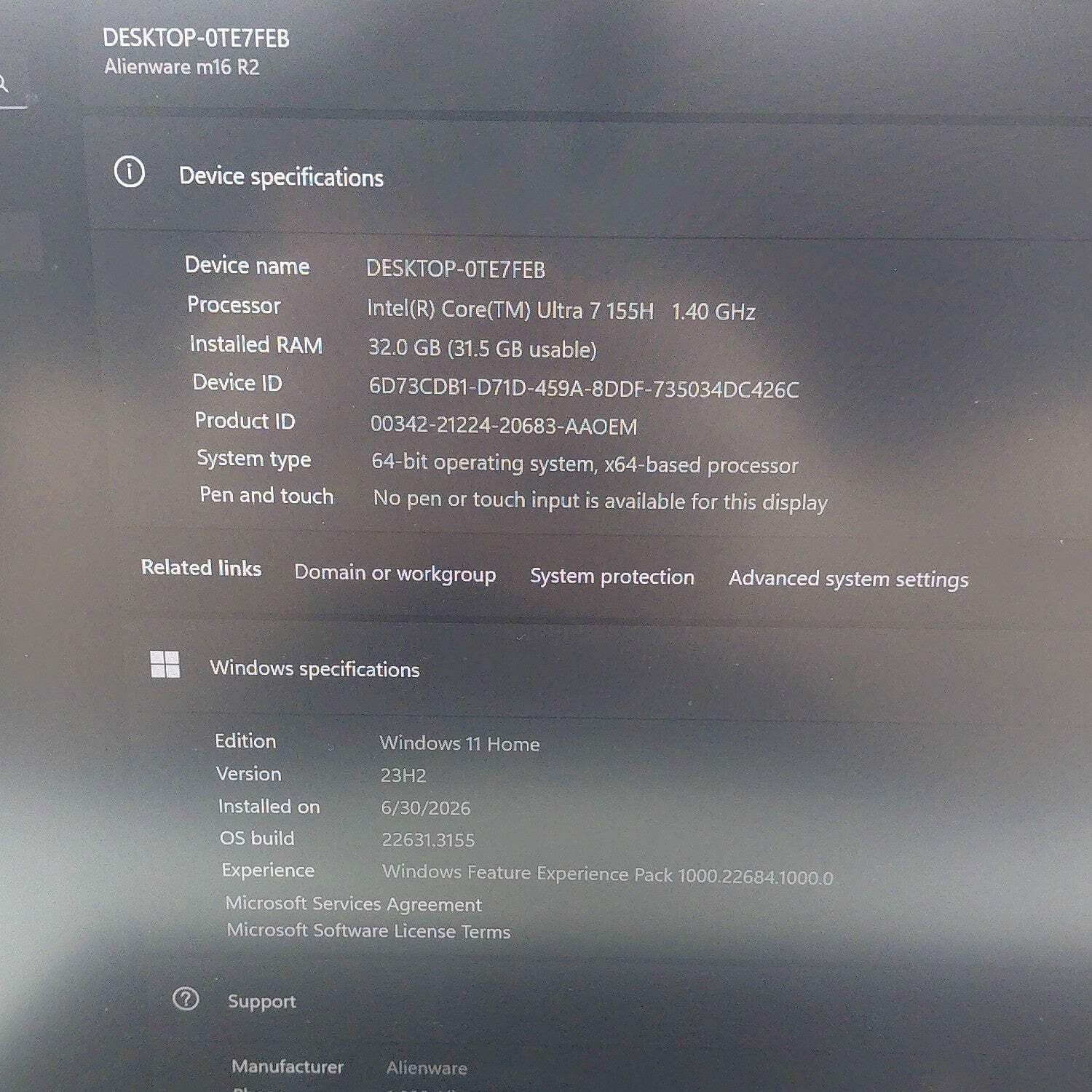 Alienware M16 R2 16″ Core Ultra 7 155H 1.4GHz 32GB RAM 1TB SSD GeForce RTX 4070