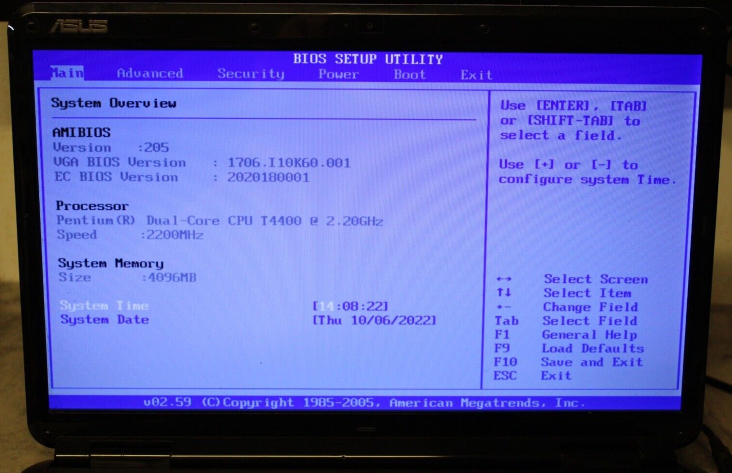 Asus K60I Notebook For Parts Bios No HDD 4GB Ram Dual-Core T4400@2.2GHz CPU