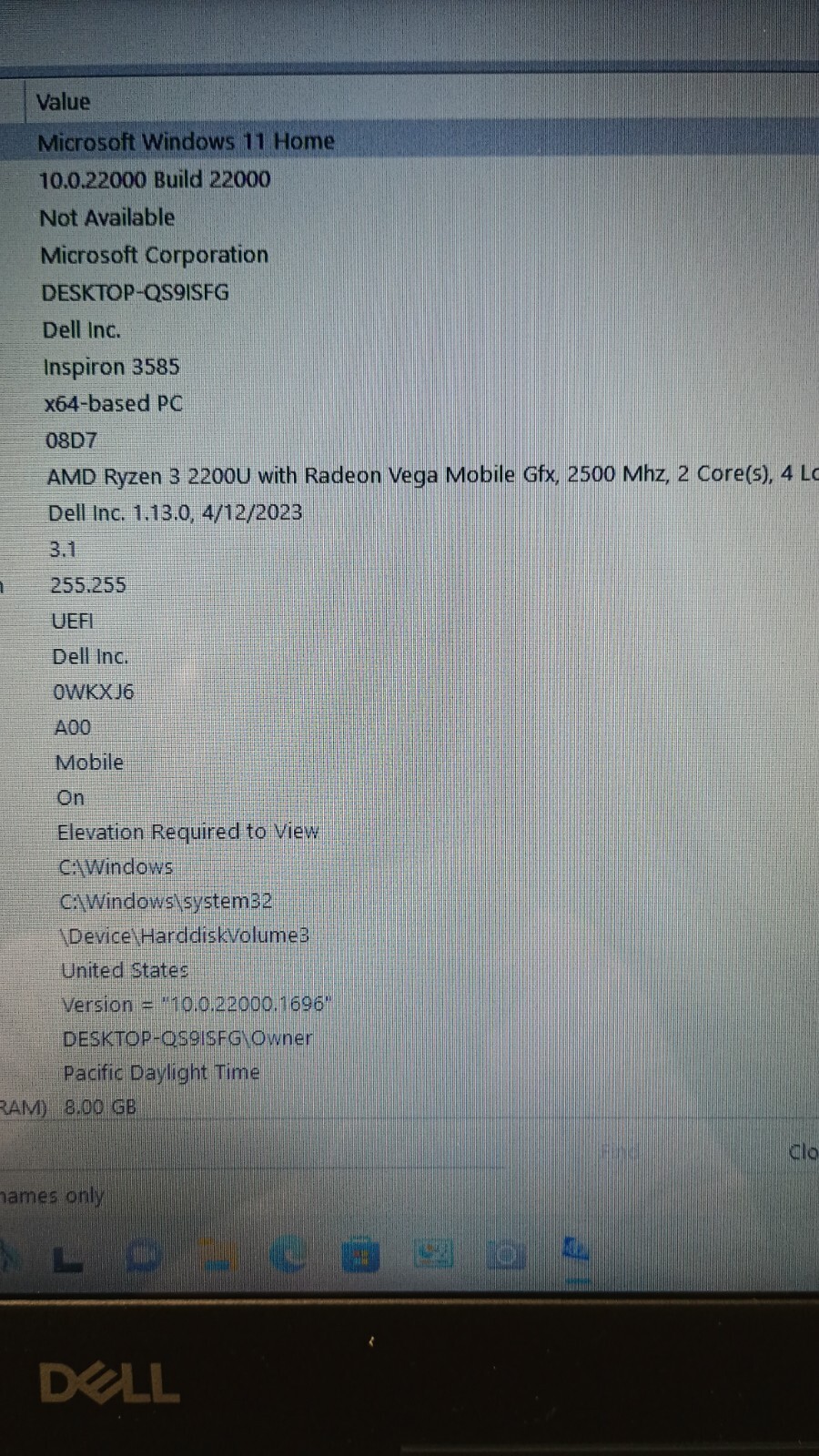Inspiron3585Gamer (4252) w/charger.Ryzen3.Radeon.8GB.240GB SSD.15.6″ Touch.Nice