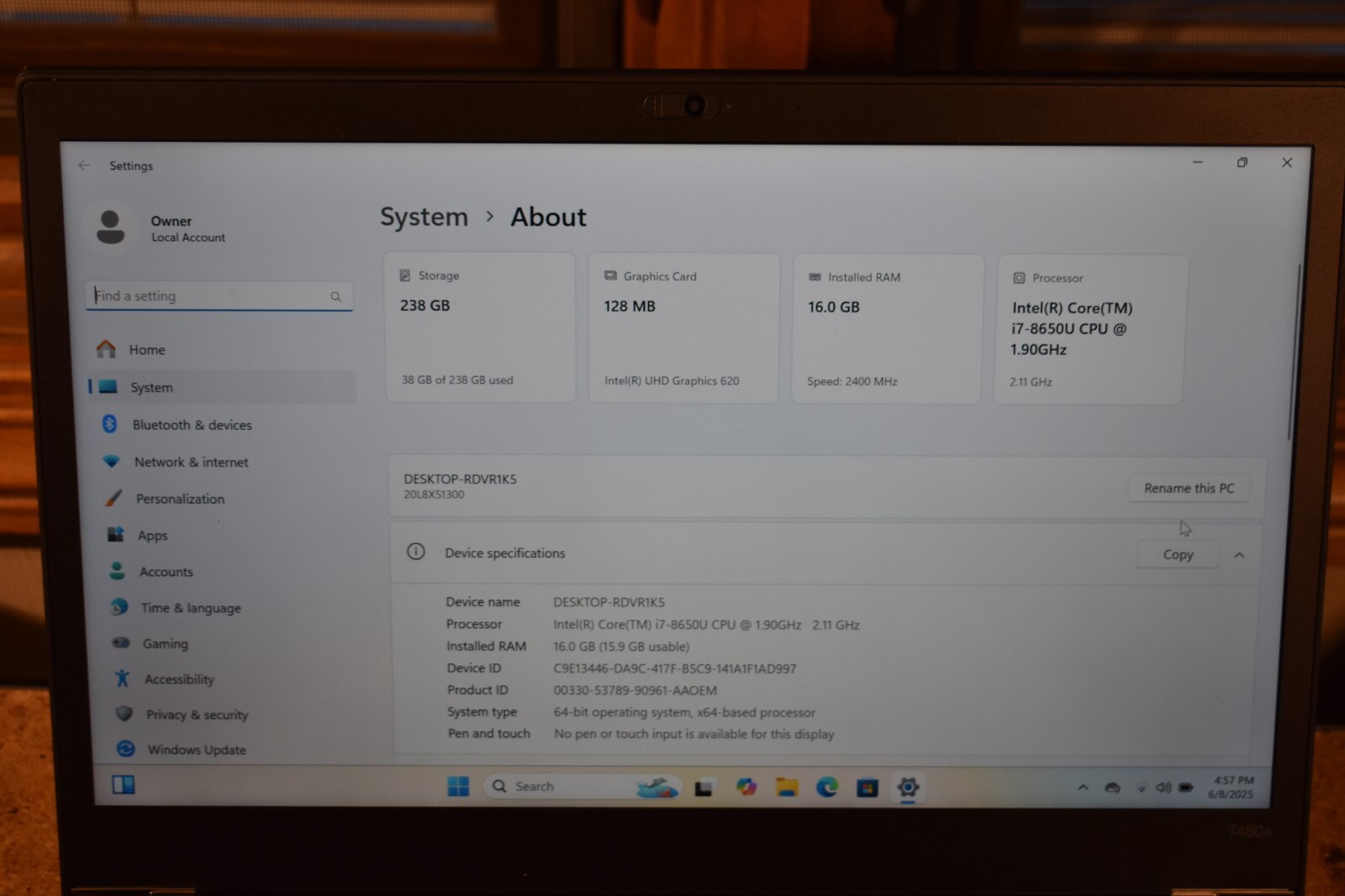 Lenovo Thinkpad T480s Quad Core i7-8650U 16GB RAM 256GB SSD Windows 11 Pro 1080p