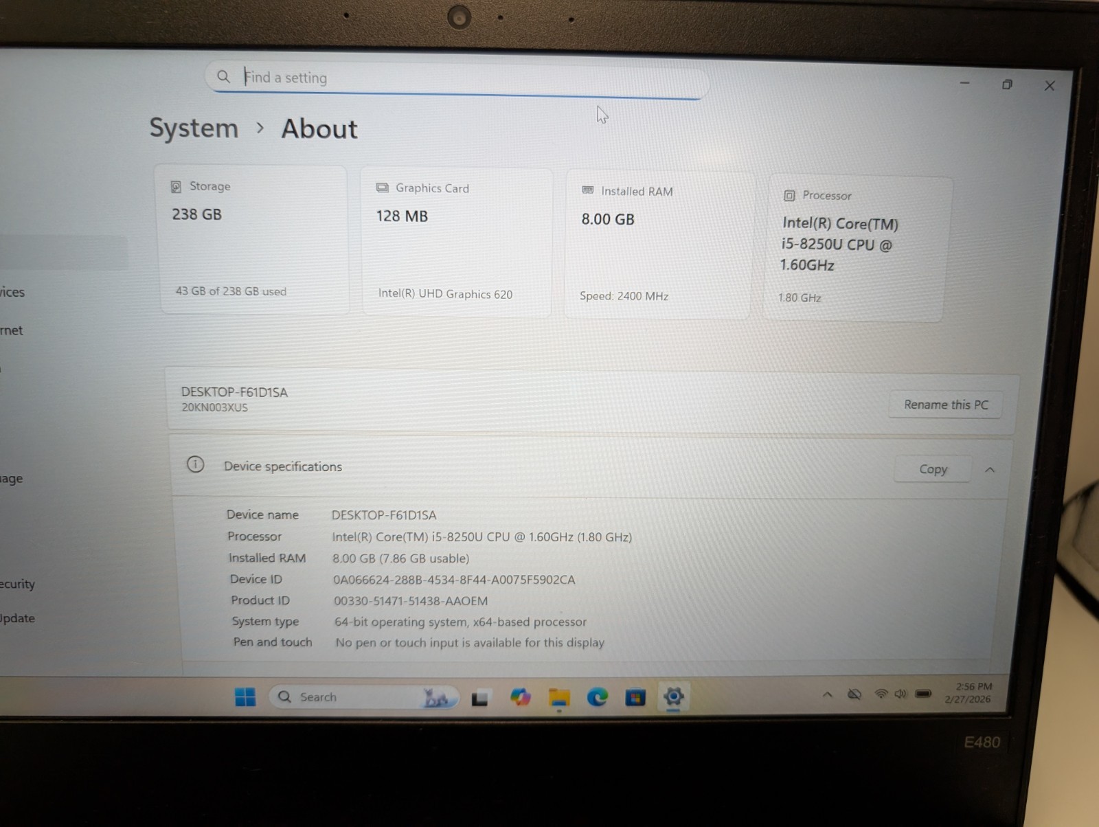 READ DESCRIPTION Lenovo ThinkPad E480 14″ i5-8250U 8GB RAM 240GB SSD Win 11 Pro