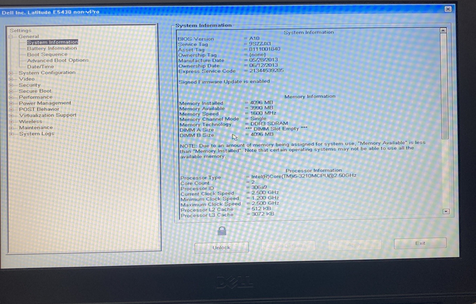 DELL LATITUDE E5430 Intel Core i5-3210M 2.50 GHZ 4 GB No HD Boot to BIOS