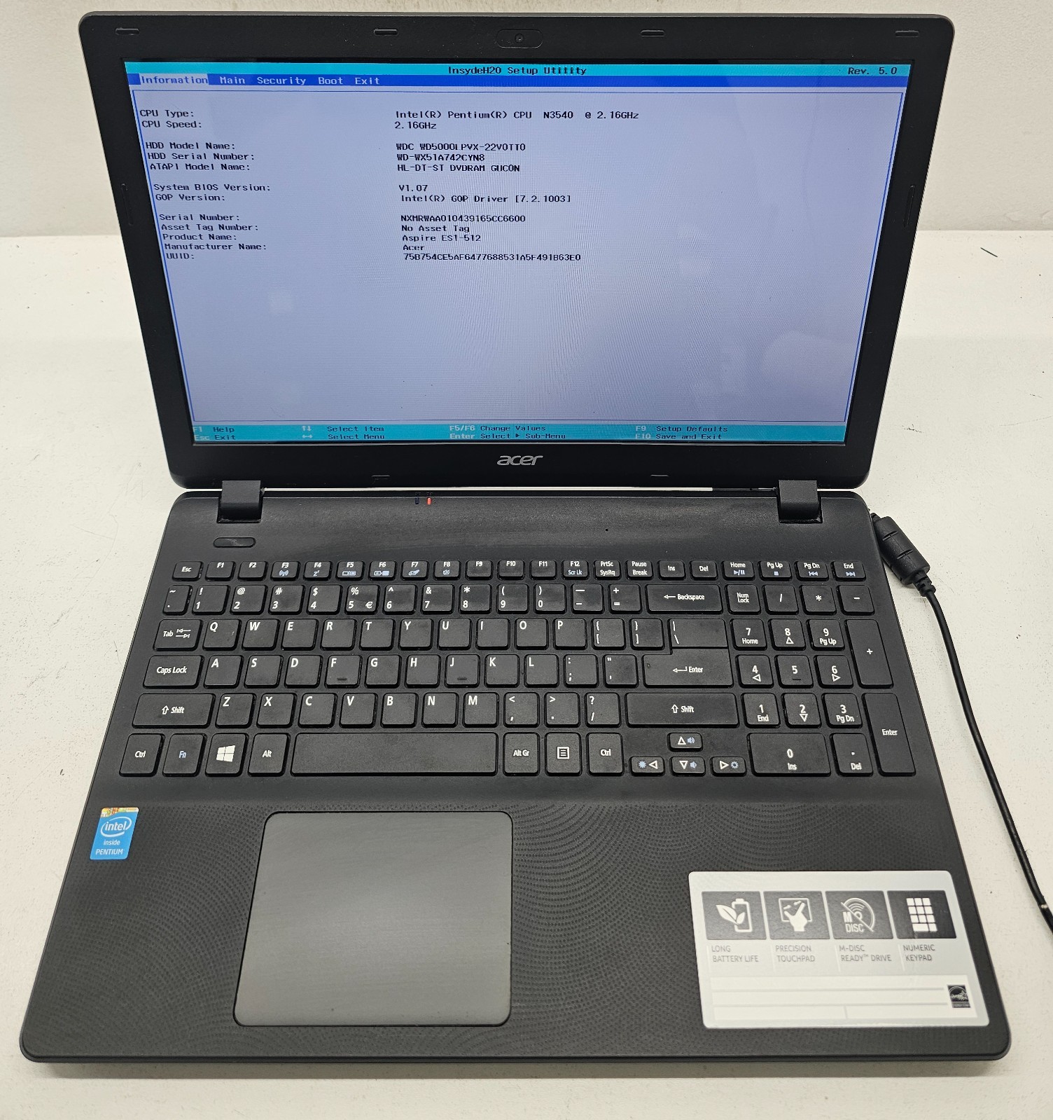 Acer Aspire ES1-512-P9GT Laptop Intel Pentium N3540 4GB Ram 500 HDD NO OS (FL)