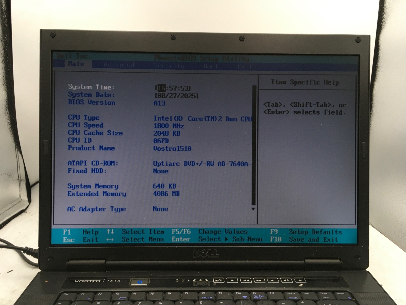DELL VOSTRO 1510 – BOOTS TO BIOS – INTEL CORE 2 DUO – 4GB RAM – READ DESCRIP -BB