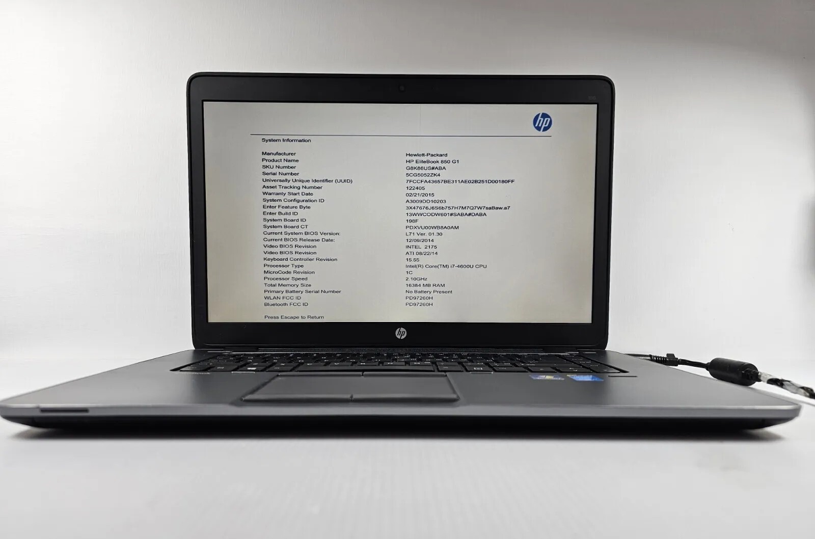 HP Elitebook 850 G1 14″W Core i7 4600U 2.1GHz, 16GB RAM NO HDD/BATTERY