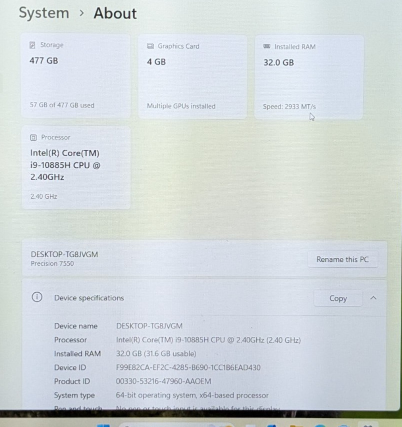 Dell Precision 7550 15.6″ i9-10885H 2.40GHz 32GB 512GB SSD W11P T1000 CHK1Q73