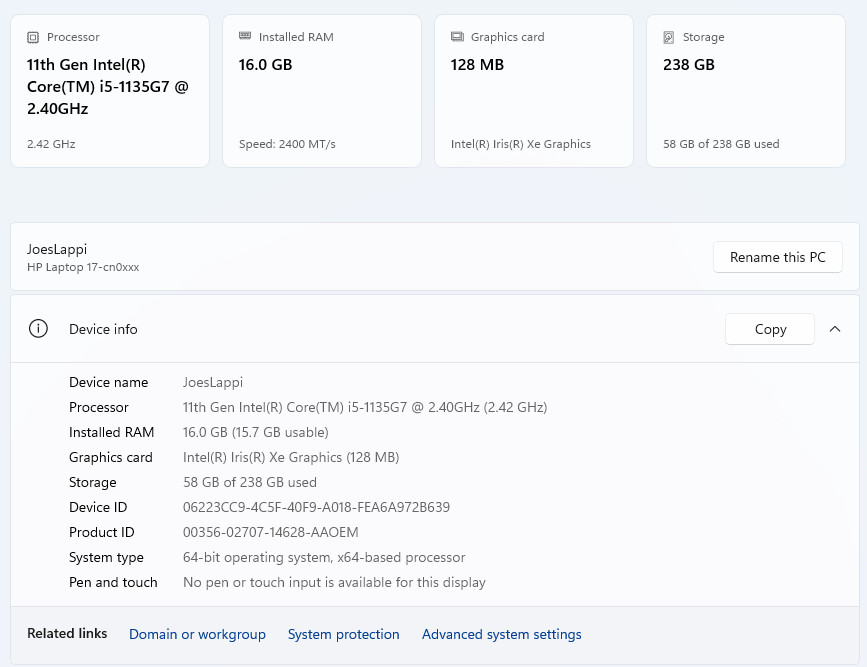 HP 17, 11th Gen Intel(R) Core(TM) i5-1135G7, Intel(R) Iris(R) Xe Graphics