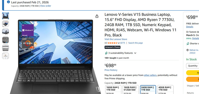 Lenovo V15 for Business Home Student 15.6 in FHD Anti-Glare Ryzen 7 7730U
