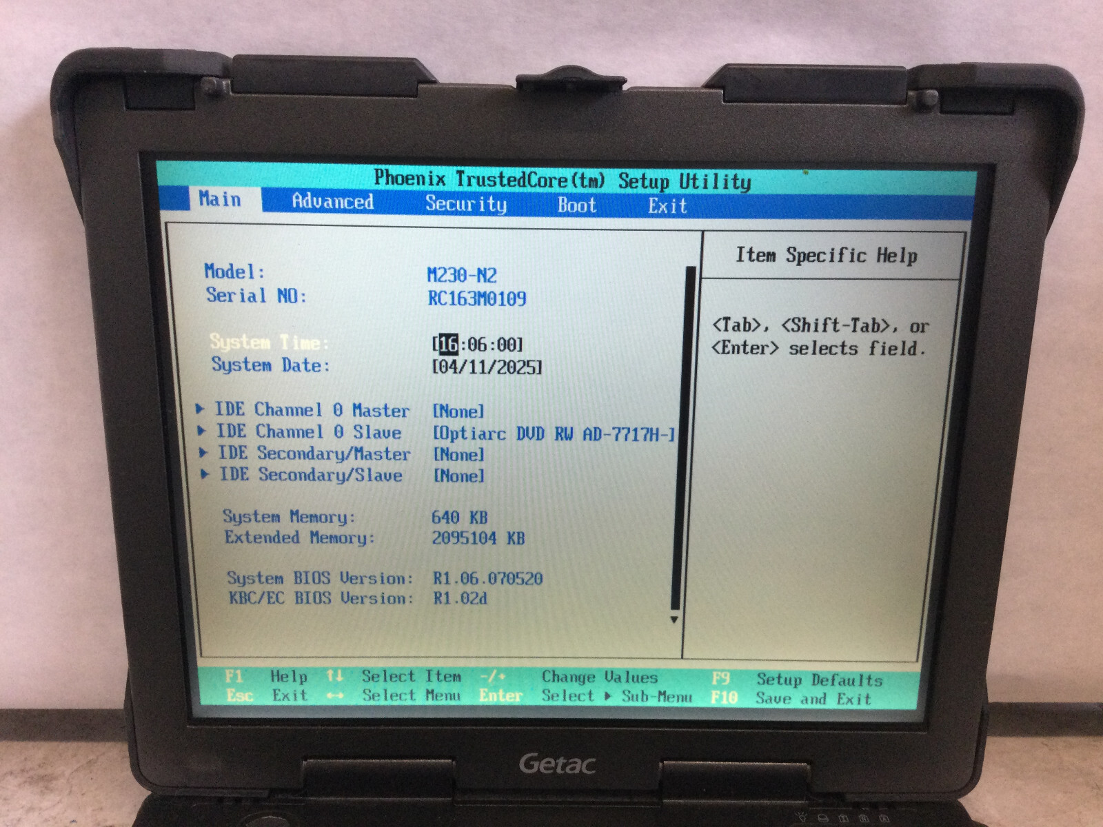 GETAC M230-N2 – BOOTS TO BIOS – INTEL CORE 2 DUO – 2GB RAM – READ DESCRIPTION-BB