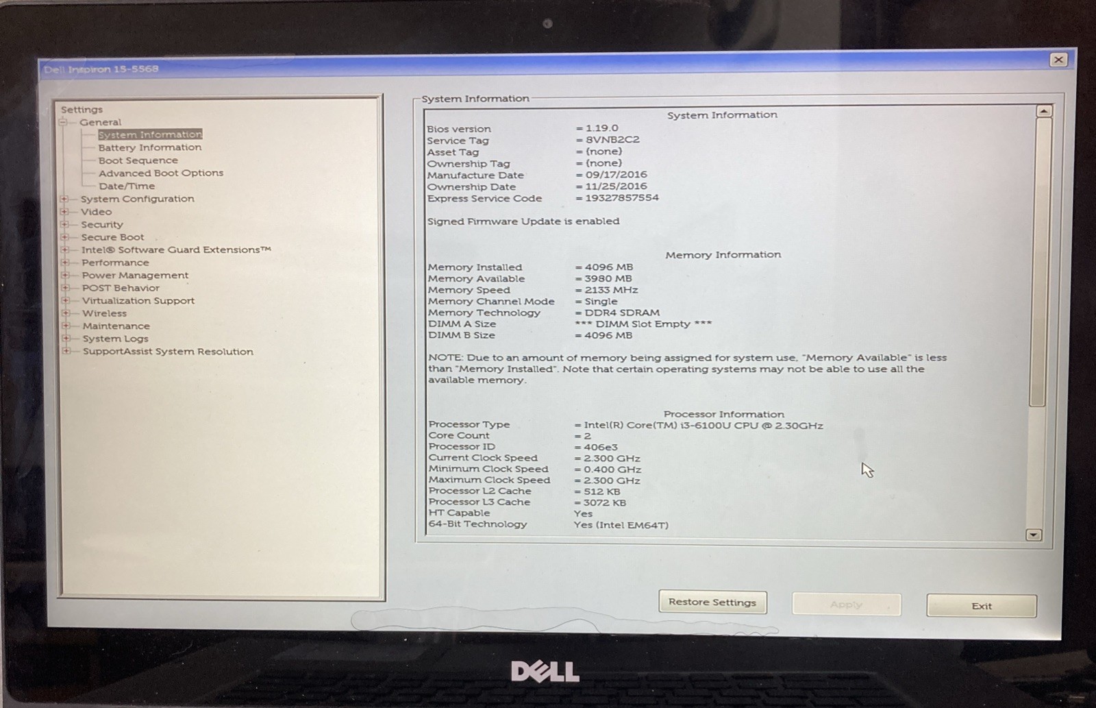Dell Inspiron 15-5568 Intel Core i3-6100U 2.30GHz 4GB NO HDD Boot to BIOS