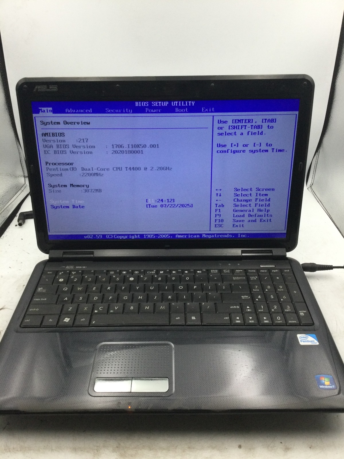 ASUS K50IJ – BOOTS TO BIOS – INTEL PENTIUM DUAL CORE – 3GB RAM – READ DESCRIP-BB