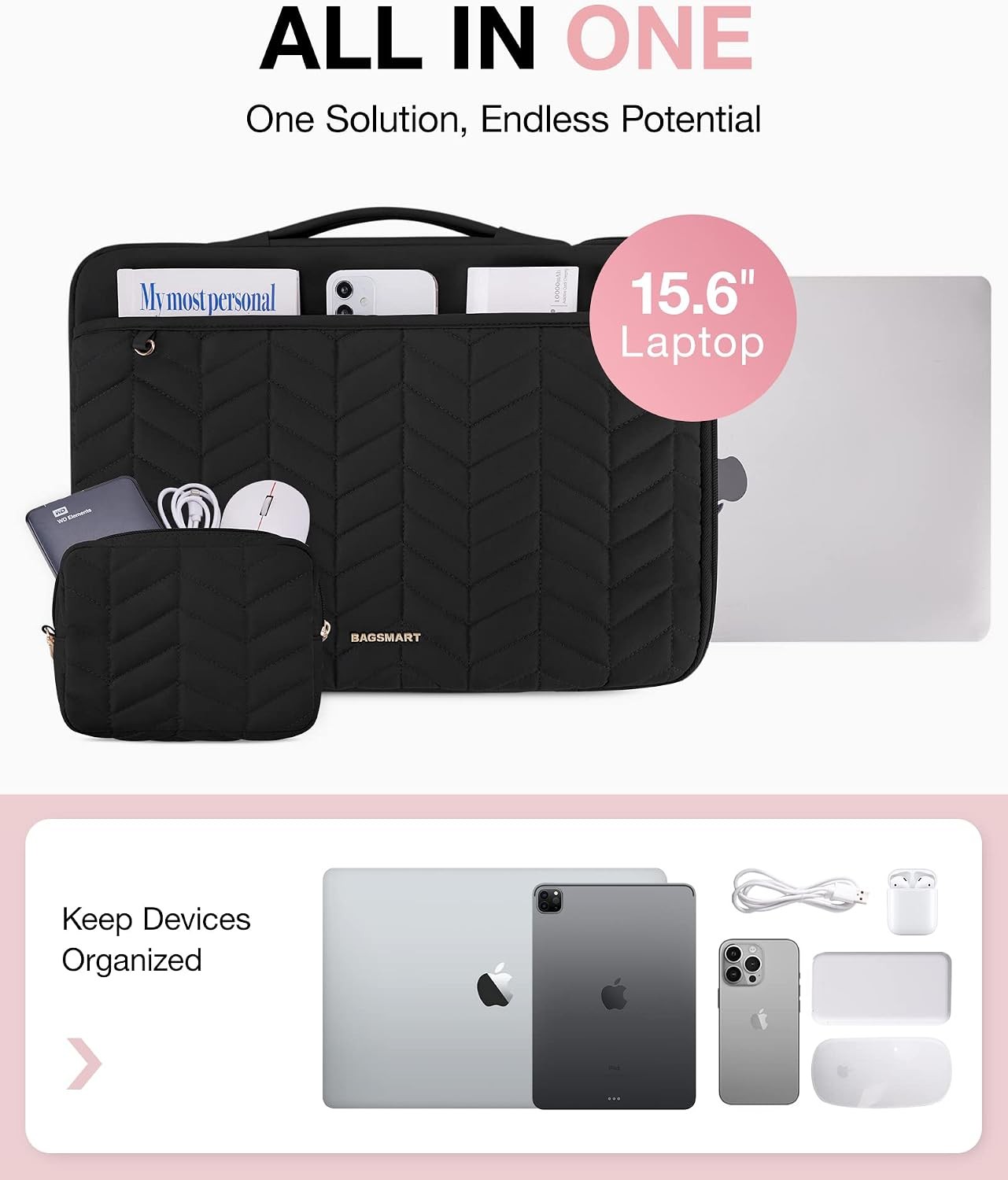 Puffy Padded Laptop Bag Sleeve for Women, Portable MacBook Air/Pro Case, Black