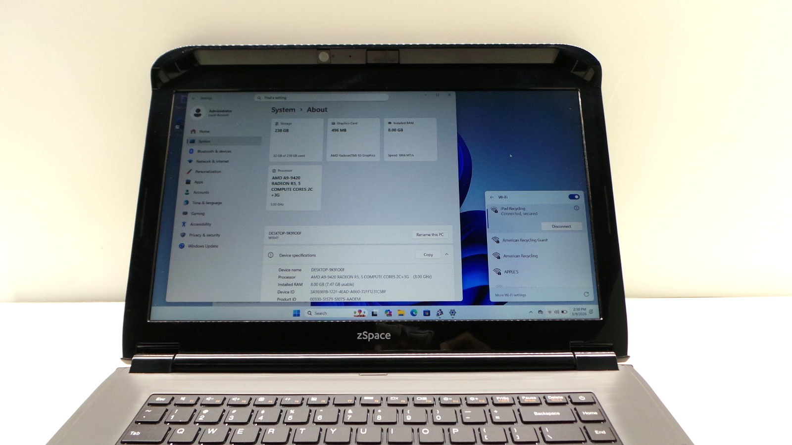 zSpace W1847 AMD A9-9420 RADEON R5 15.6” 3.00GHz 8GB RAM 256GB SSD WIN 11 PRO