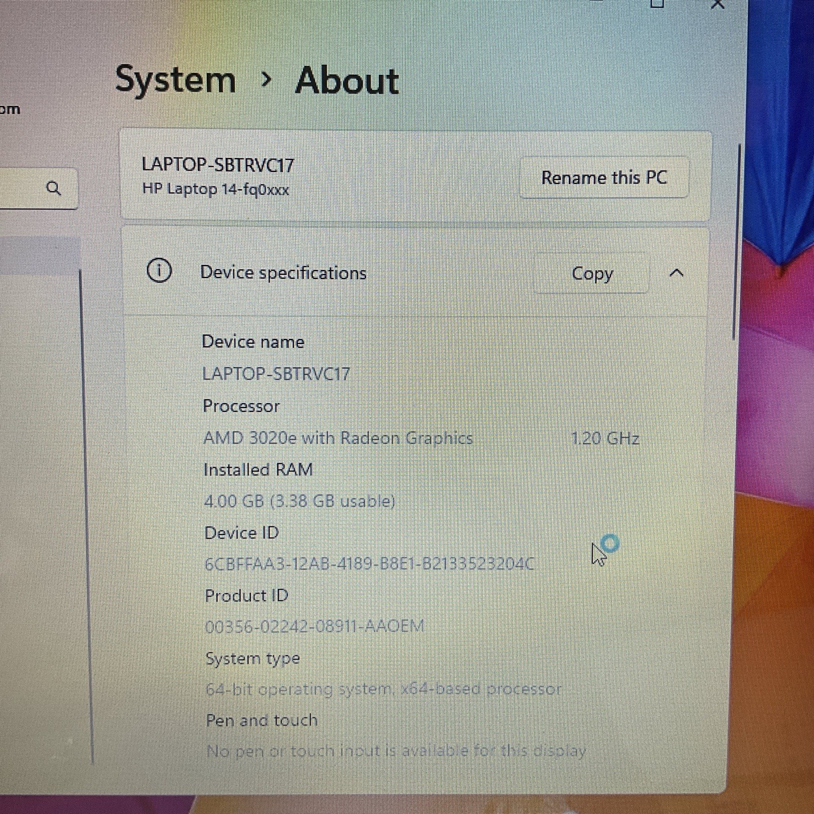 HP 14-fq0020nr 14″ Laptop 4GB RAM 64GB eMMC AMD 3020e Radeon @ 1.20GHz