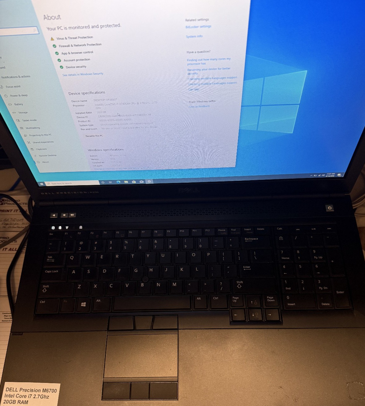 Dell Precision M6700 Laptop Intel Core i7-3740QM 20GB Ram 320GB HDD Win 10 Pro