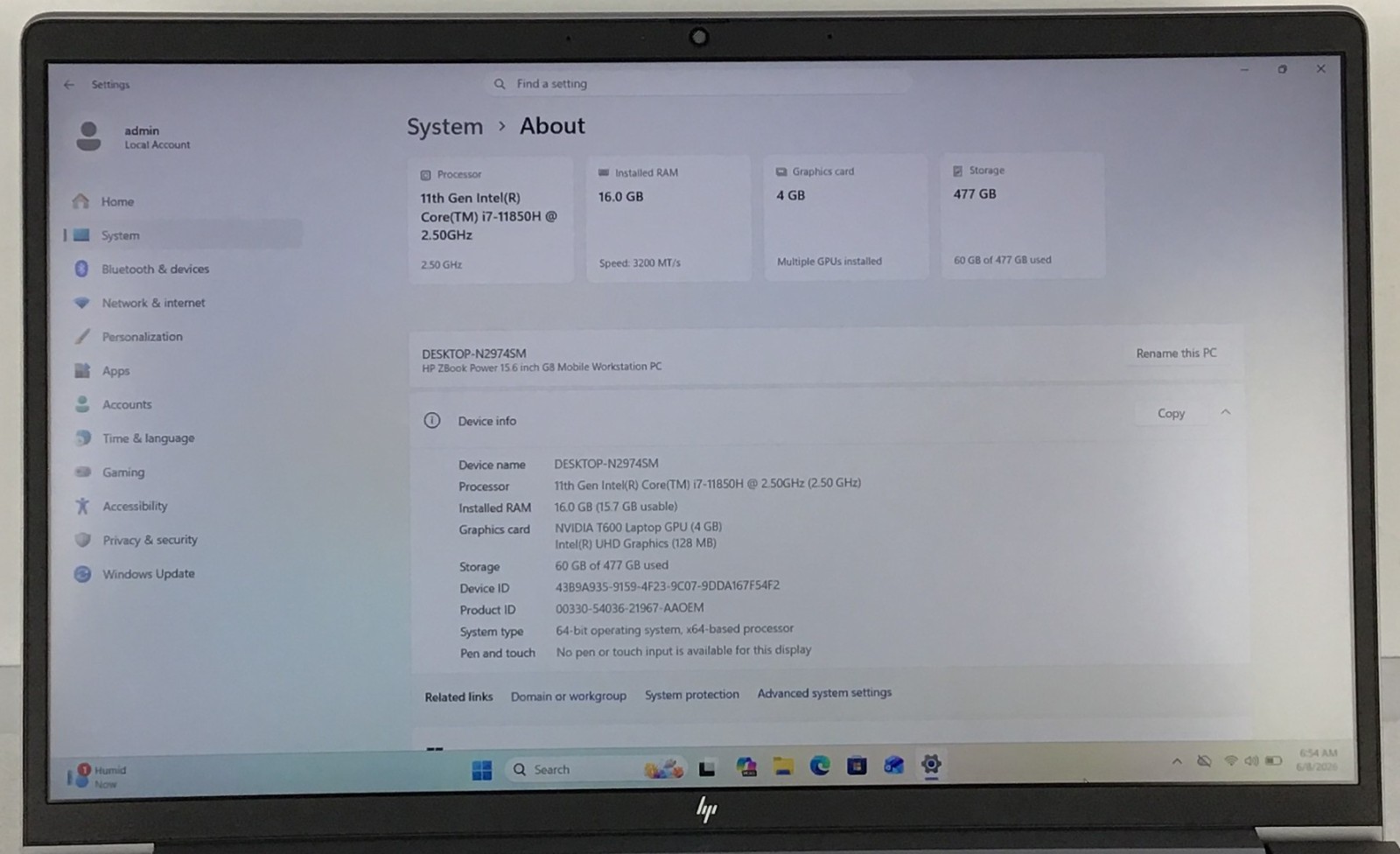 HP ZBOOK POWER G8 15.6″ I7-11850H 2.5GHz 16GB 512GB NVIDIA T600 4GB 11 PRO