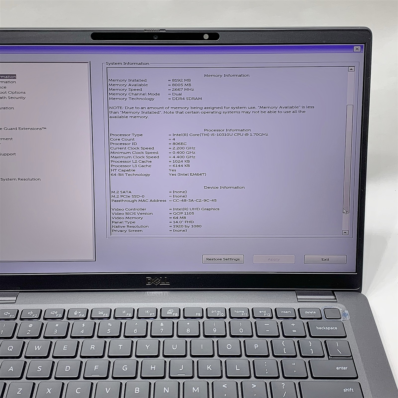 Dell Latitude 7410 Laptop Intel i5 10310U 1.70GHZ 14″ FHD 8GB RAM NO HDD Parts