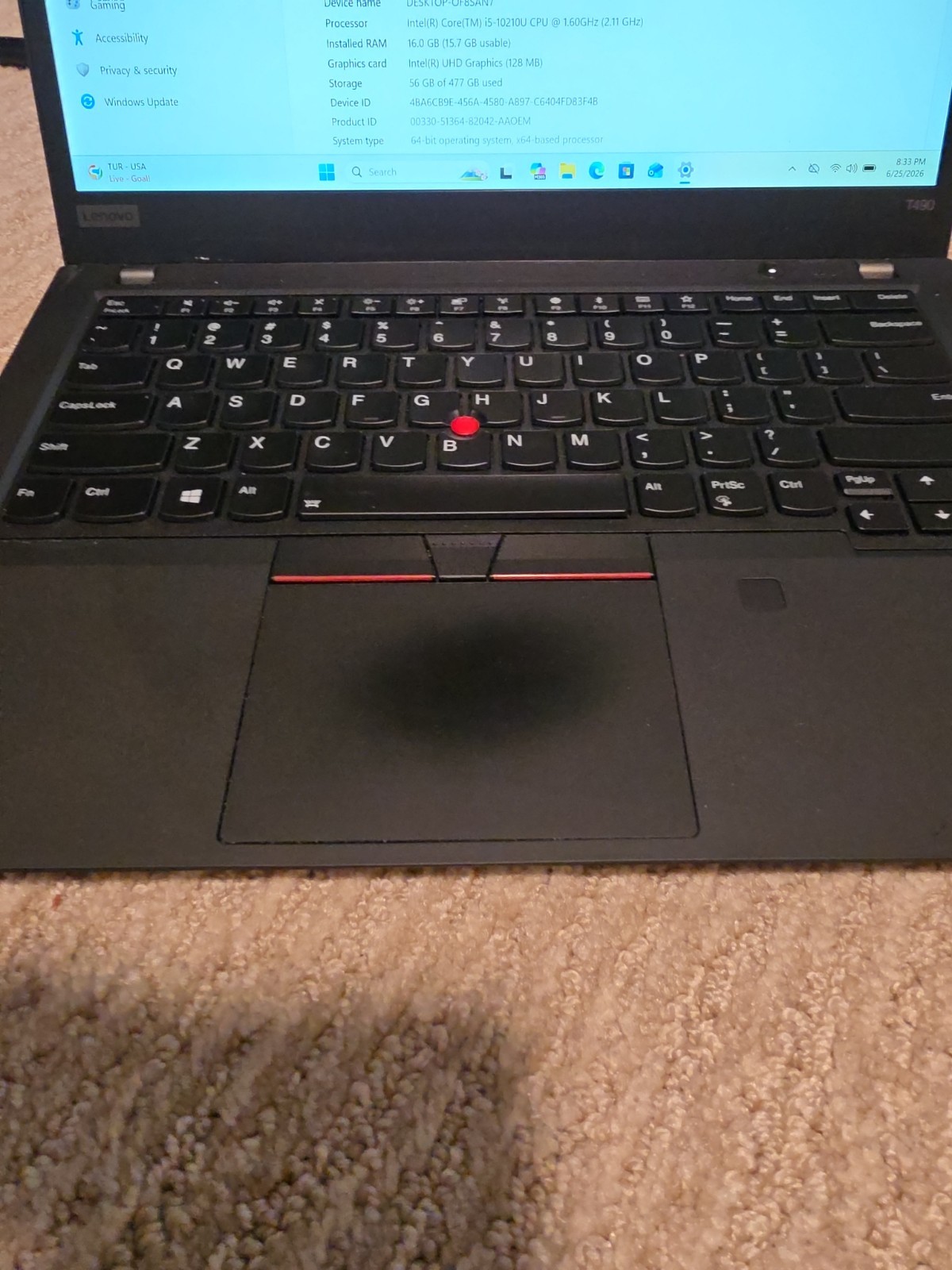Lenovo ThinkPad T490 i5 10210u 16GB 512GB Win 11 Pro 14″ Laptop Notebook Inc AC