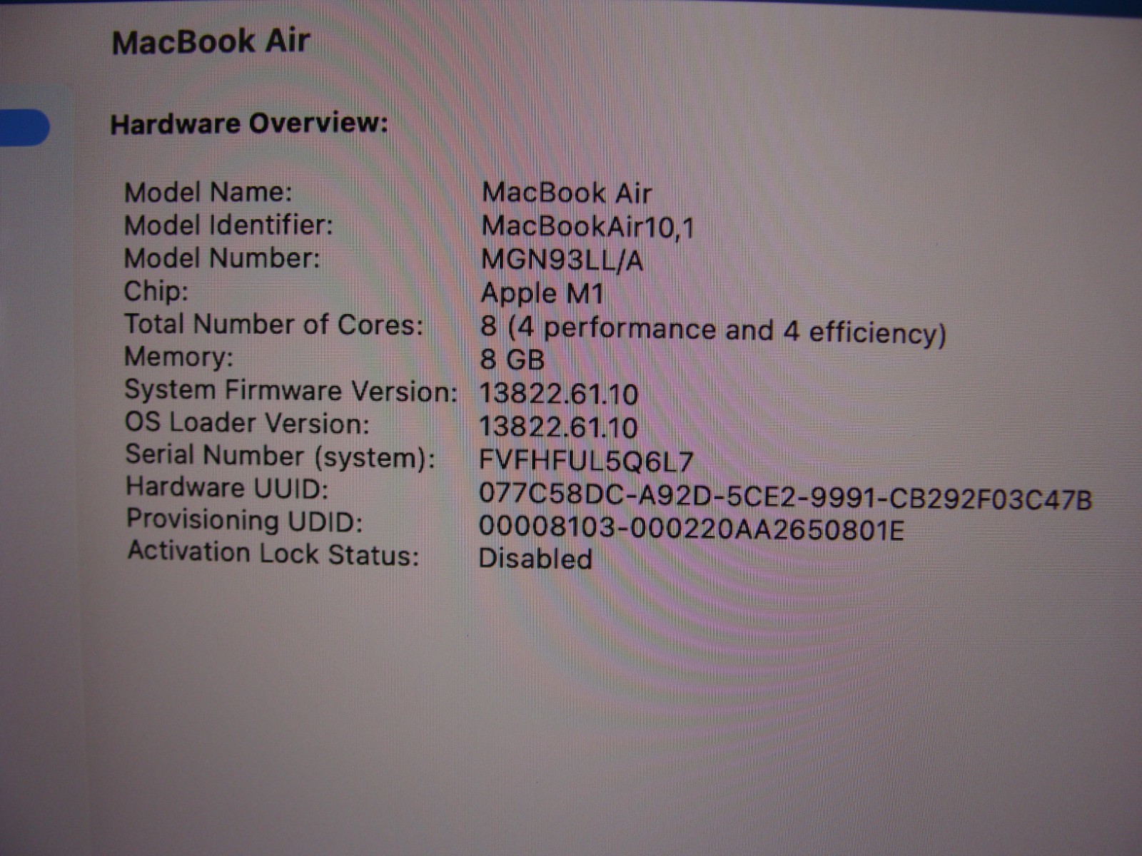 Apple MacBook Air A2337 13.3″ M1 (2020) 8CPU/7GPU 8GB 256GB OS TAHOE +Charger