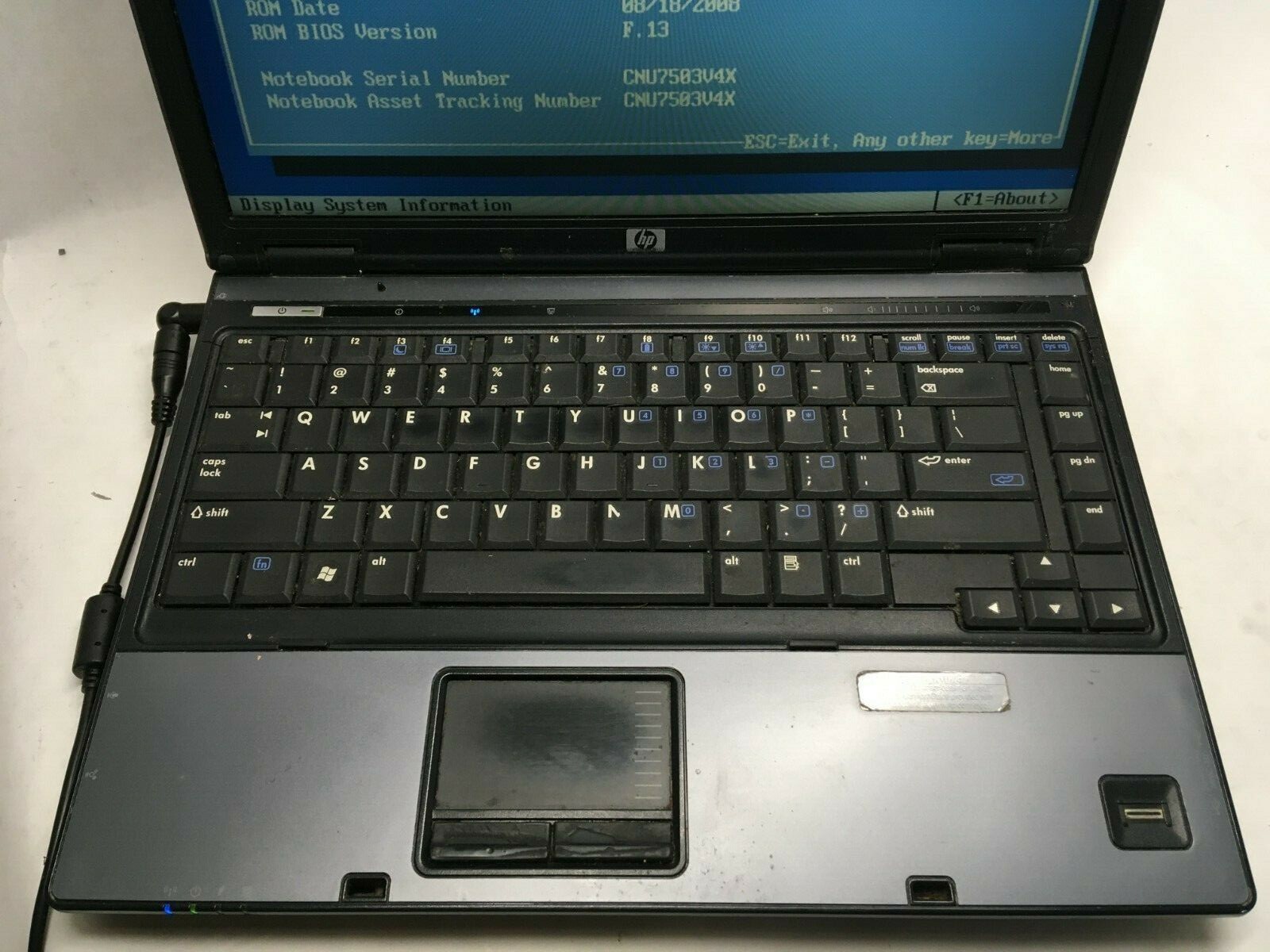 HP Compaq 6510b Core 2 Duo Laptop Boots to BIOS NO HDD/RAM/Battery/Charger JR