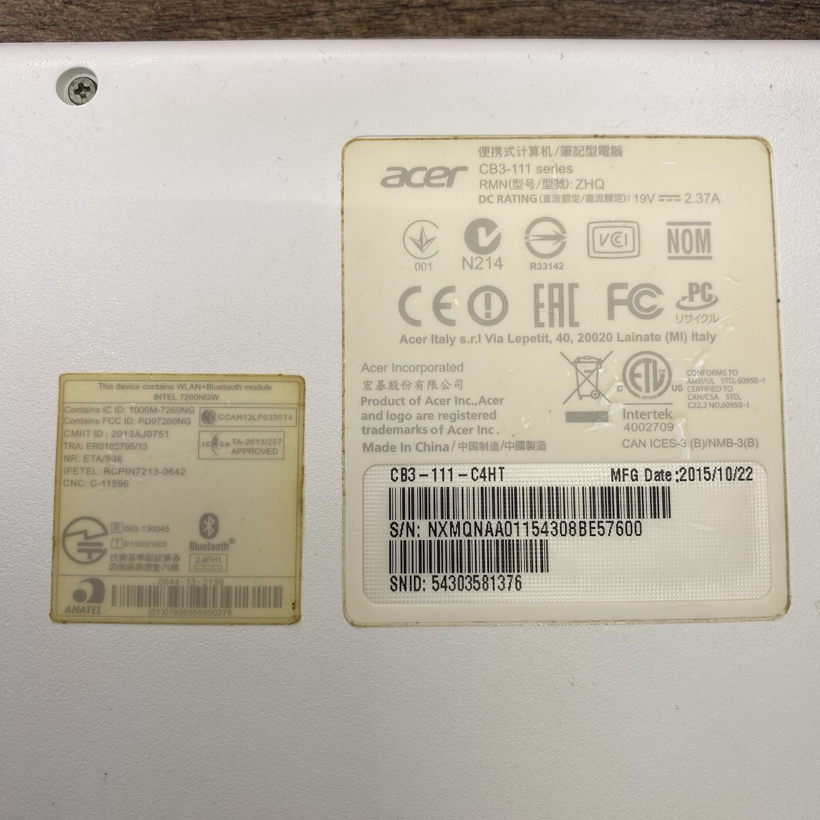 Acer Chromebook 11 CB3-131 Notebook – White, Dead Battery- Powers On