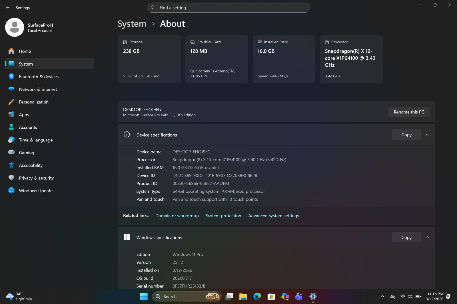 Microsoft Surface Pro 11, 5G NR,, Copilot+PC,16GB,256GB + Stylus Pen