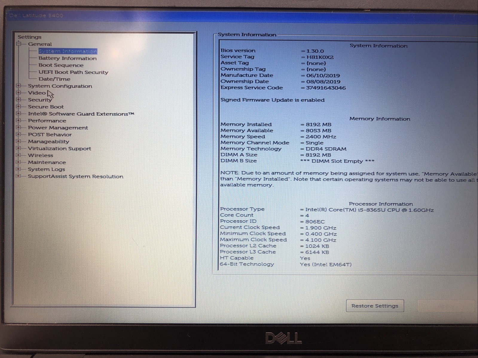 Dell Latitude 5400, Intel Core i5-8365U @1.60Ghz, 8GB RAM, NO SSD/OS, Tested!