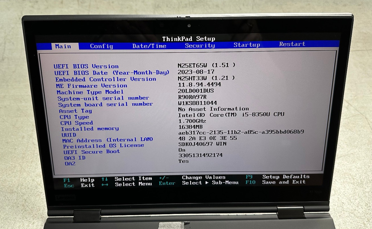 Lenovo ThinkPad X1 Yoga 3rd Gen (i5-8350U, 16GB RAM, Boot to Bio) NO SSD/ADAPTER